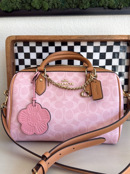 Coach Handbags - Coach Powder Pink Signature Canvas Rowan with Tan Leather Trim